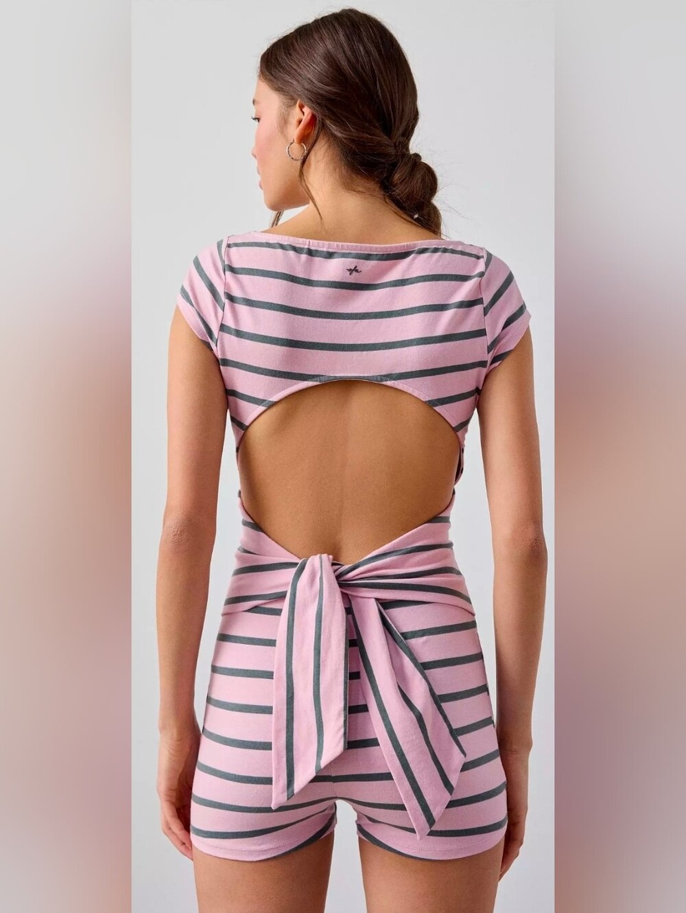 Urban Outfitters Pink and Gray Striped Open-Back Tie-Back Shorts Romper XXS NWT